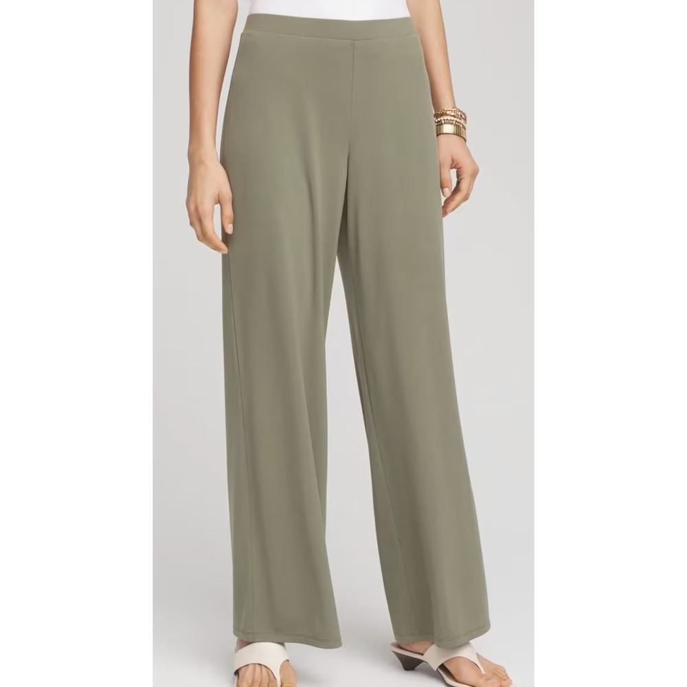 Chicos Travelers Wide Leg Pants Sage Green Slinky Elastic Waist Size 2 Large